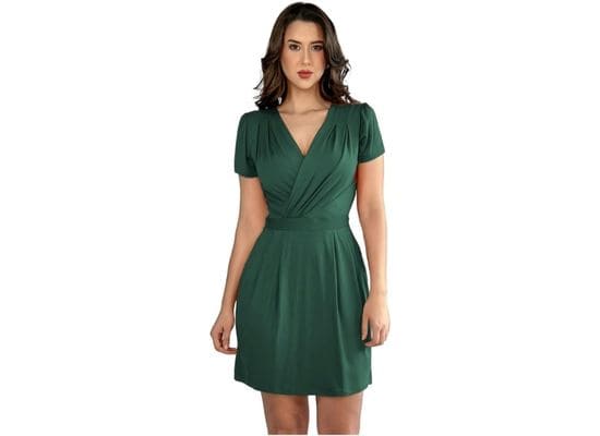 Vestido Curto Decote Transpassado Envelope Soltinho Acinturado Manga Curta Casual Elegante