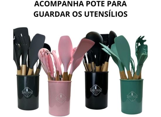 Kit 12 Utensílios De Cozinha Em Silicone E Cabo De Madeira Jogo De Utensílios Resistente ao Calor Antiaderente Premium GAXMARK (Preto)