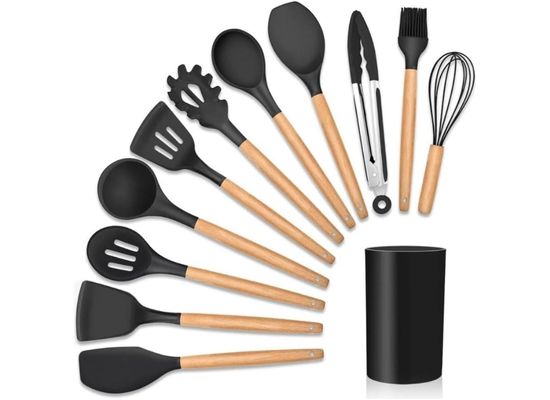 Kit 12 Utensílios De Cozinha Em Silicone E Cabo De Madeira Jogo De Utensílios Resistente ao Calor Antiaderente Premium GAXMARK (Preto)