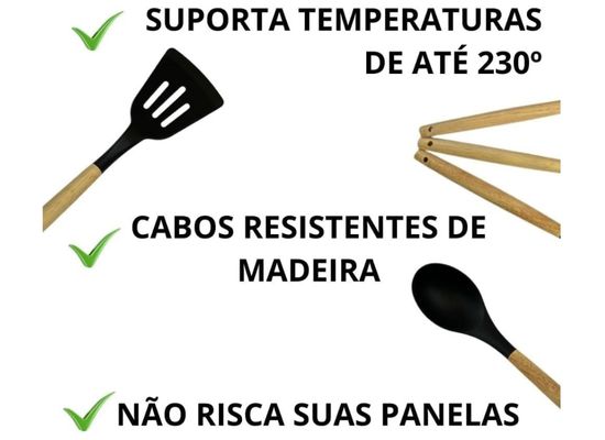 Kit 12 Utensílios De Cozinha Em Silicone E Cabo De Madeira Jogo De Utensílios Resistente ao Calor Antiaderente Premium GAXMARK (Preto)