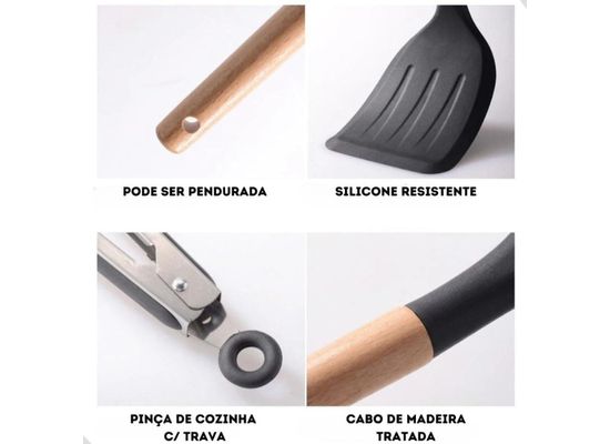 Kit 12 Utensílios De Cozinha Em Silicone E Cabo De Madeira Jogo De Utensílios Resistente ao Calor Antiaderente Premium GAXMARK (Preto)