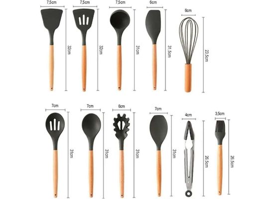 Kit 12 Utensílios De Cozinha Em Silicone E Cabo De Madeira Jogo De Utensílios Resistente ao Calor Antiaderente Premium GAXMARK (Preto)