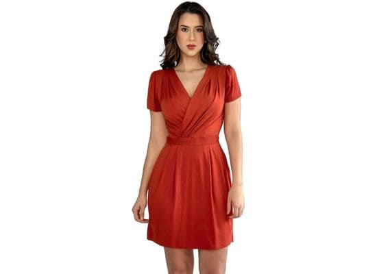 Vestido Curto Decote Transpassado Envelope Soltinho Acinturado Manga Curta Casual Elegante