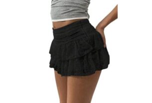 Breoklla Mini saias de renda para mulheres com babados Y2K preto plissado curto micro malha saia